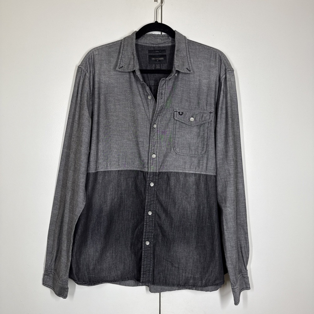 True Religion Western Shirt Mens Size XL Gray Black‎ Slim Fit Color Block